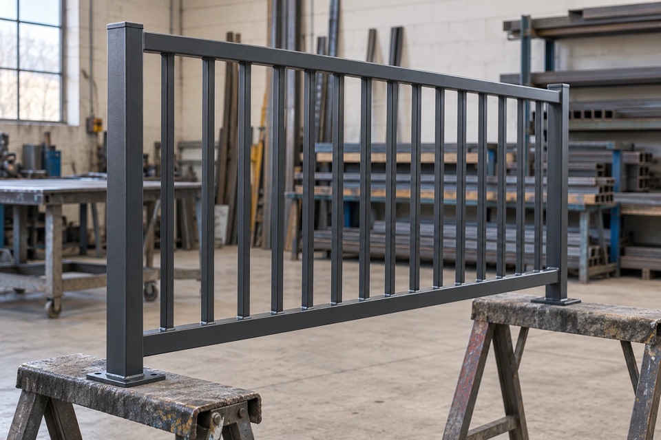 Painted steel railing on trestles in the workshop