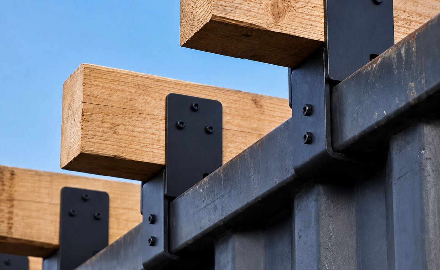 Steel brackets on a container's top rail carrying timber beams