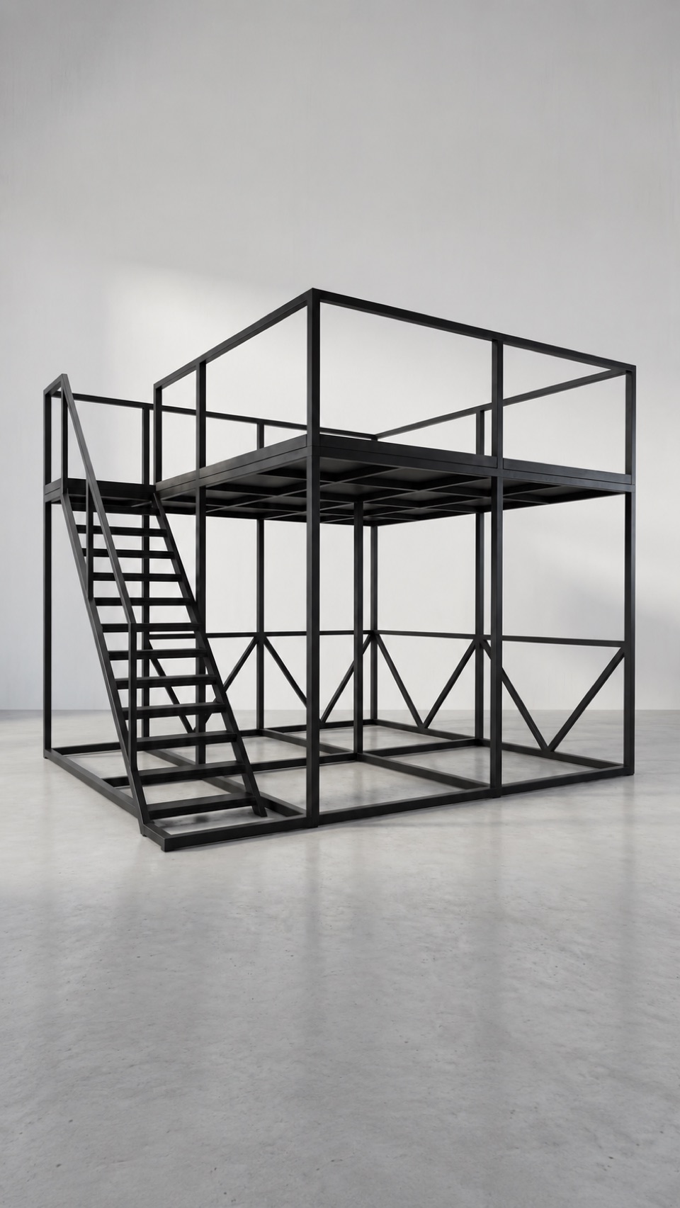 Steel mezzanine platform with stairs, railing and diagonal bracing