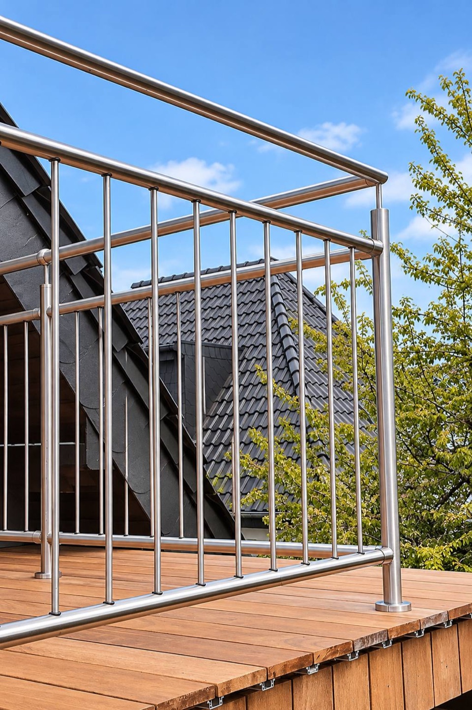 Stainless steel terrace railing on a timber deck