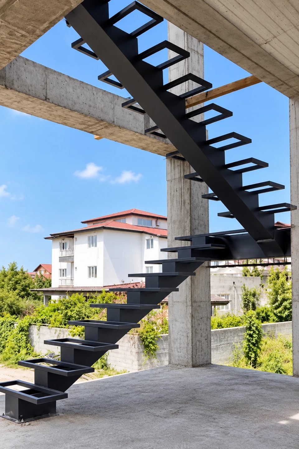 Steel staircase on a central stringer in a building under construction